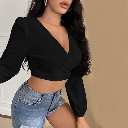Damen Cropped Oberteil V-Ausschnitt Puffärmel Norvielle