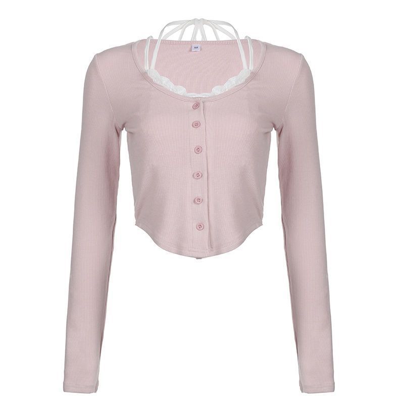 Damen Langarmshirt Cropped mit Knöpfen und Raffitäschchen