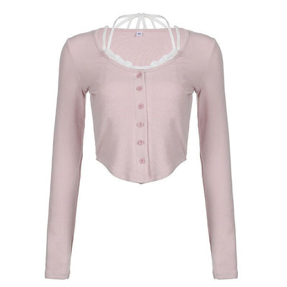 Damen Langarmshirt Cropped mit Knöpfen und Raffitäschchen
