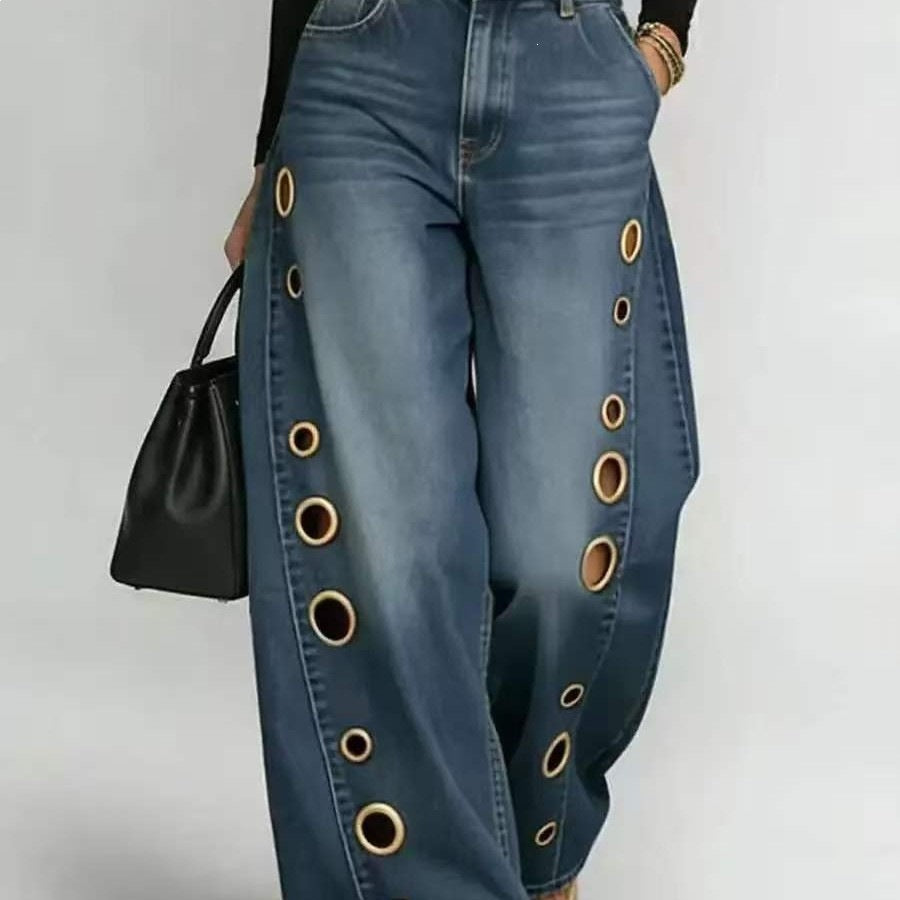 Damen Weite Jeans Dekorative Ösen Hoher Bund Norvielle - Norvielle