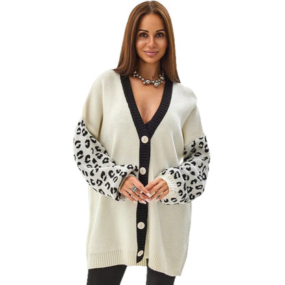 Damen Grobstrickjacke Kontrastärmel Knopf Norvielle