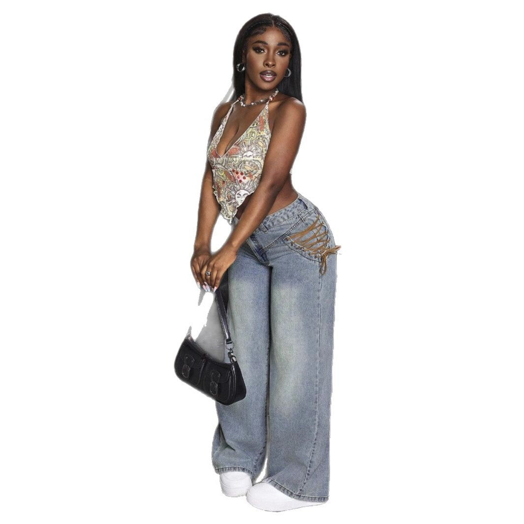 Damen Weite Jeans Schnürdesign Trend