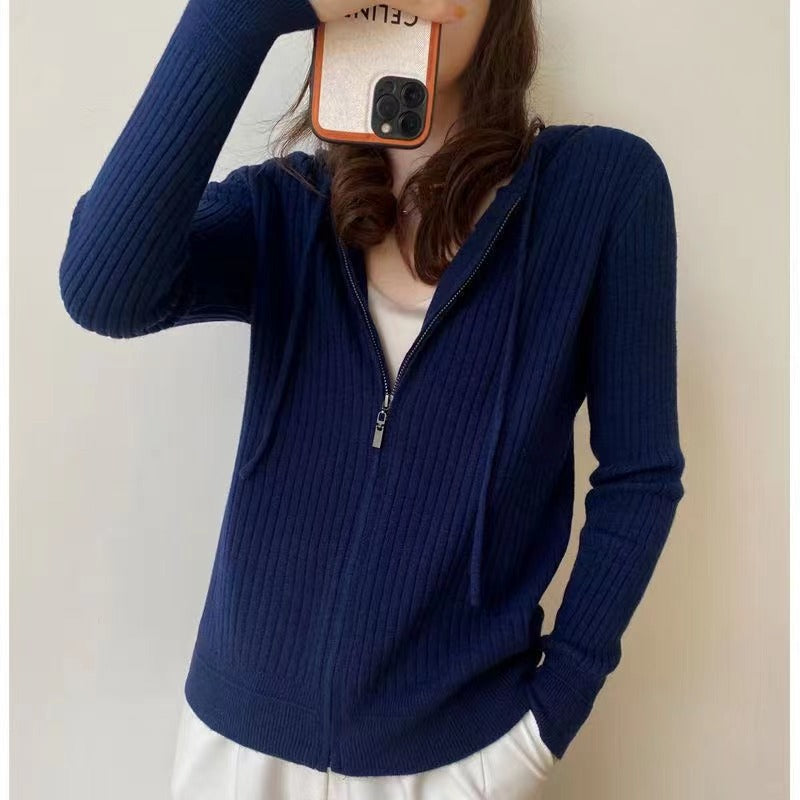 Damen Strickjacke mit Kapuze Rippstruktur Norvielle