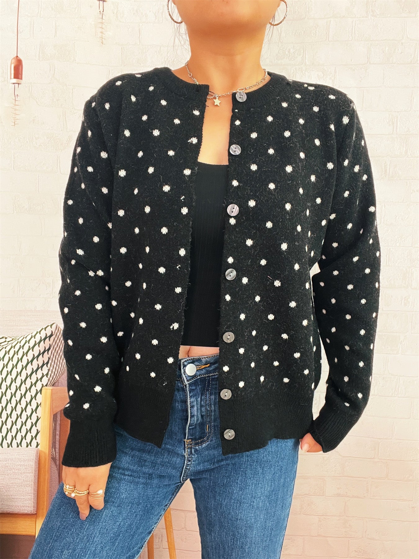 Damen Strickjacke Modern Punkte Knopfleiste Norvielle