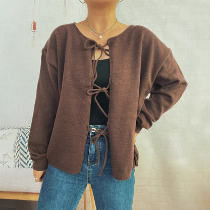 Damen Strickcardigan Lässig Kordelzug Offene Vorderseite Beige