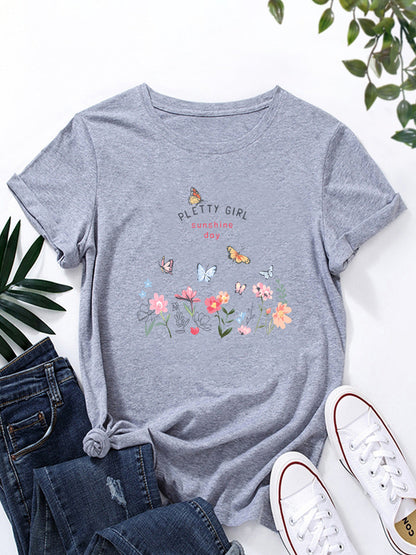 Damen T-Shirt Blumendruck Weiß