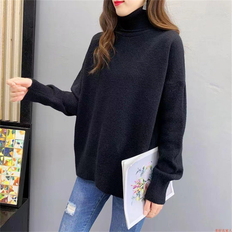 Damen Oversized Pullover Grobstrick Hochkragen Beige