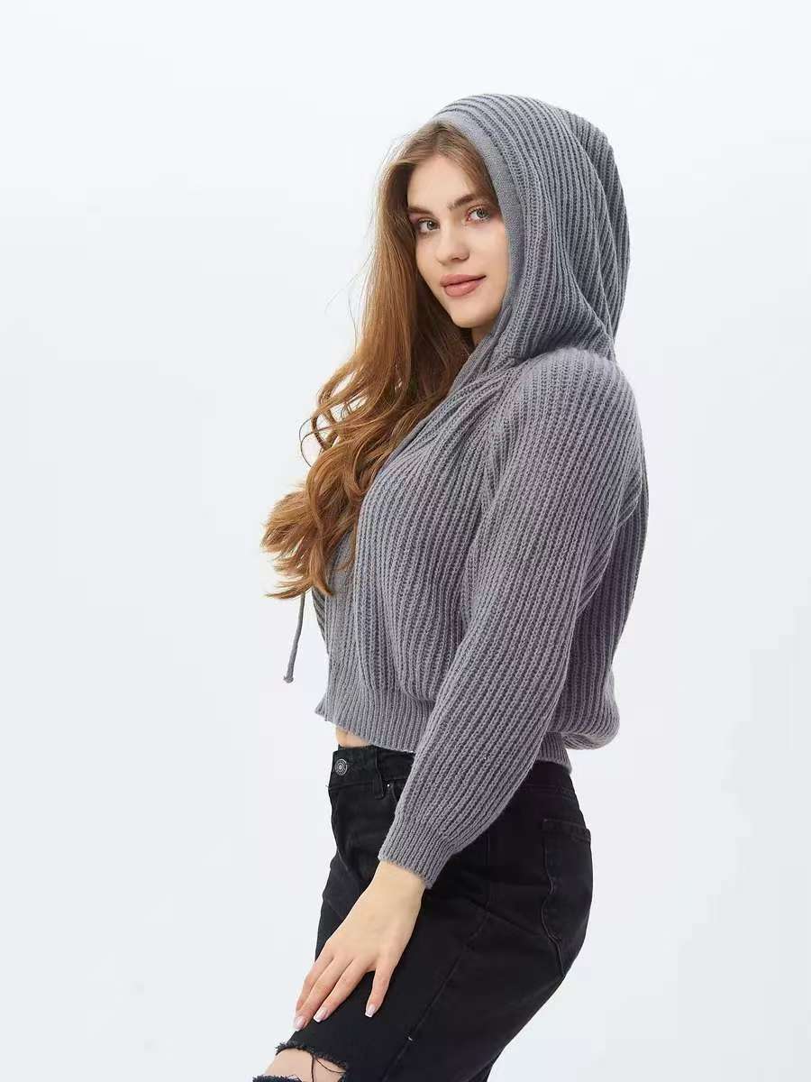 Damen Hoodie Weiches RippstrickMaterial Kordelzug
