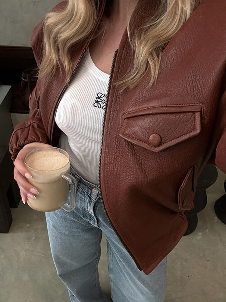 Damen Kunstlederjacke Dekorative Details