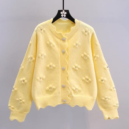 Damen Strickjacke Kuschelig Blumenapplikationen Norvielle