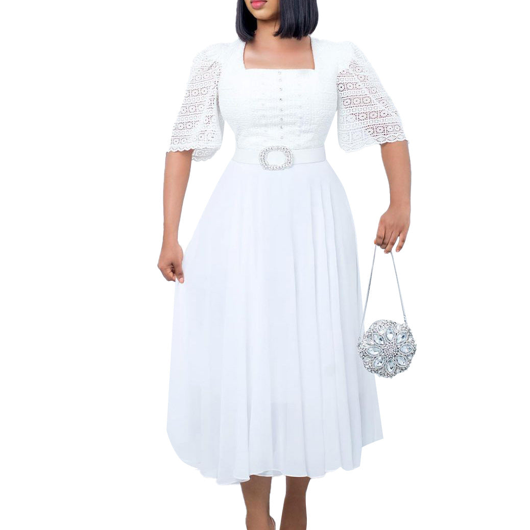 Damen Maxikleid Spitze Taillengürtel Norvielle