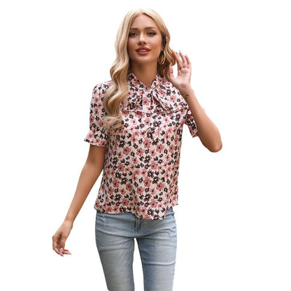 Damen Bluse Floralmuster Elegante Schleife