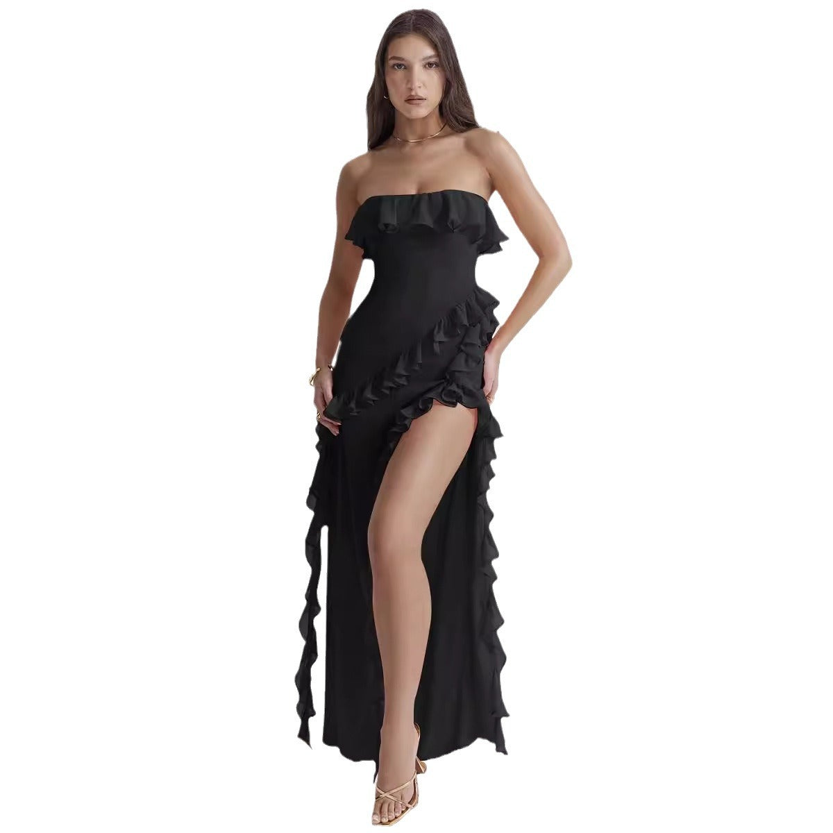 Damen Maxikleid Off-Shoulder Rüschen