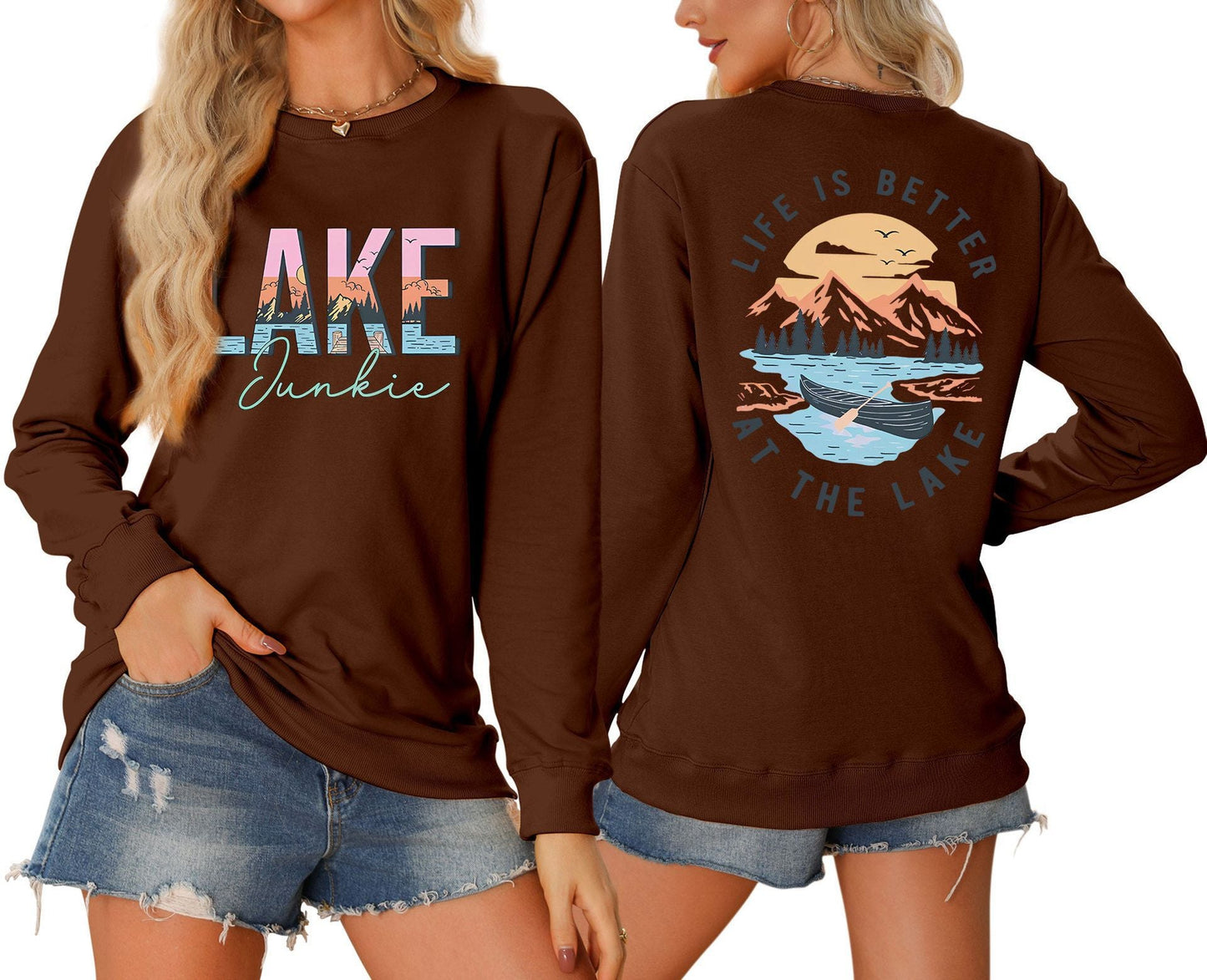 Damen Langarmshirt Lake-Motiv Leicht Lässig Weiß
