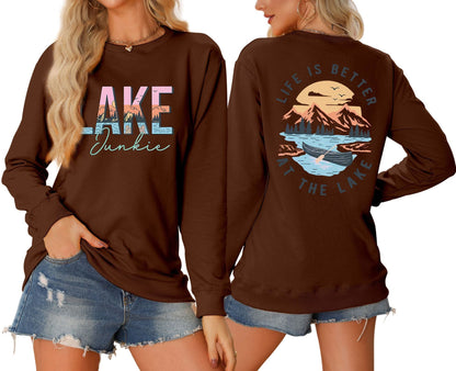 Damen Langarmshirt Lake-Motiv Leicht Lässig Weiß