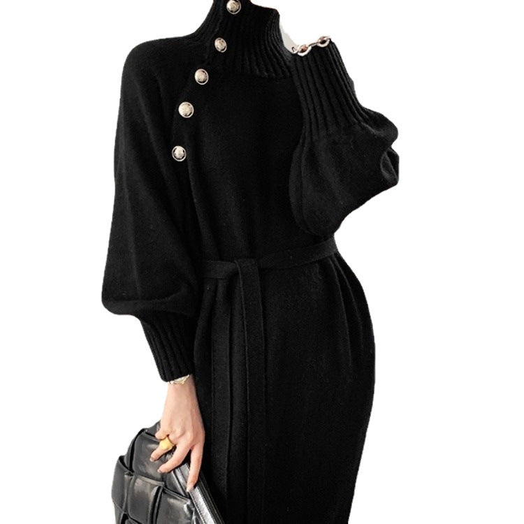 Damen Strickkleid Hochausschnitt Dekorative Knöpfe Norvielle