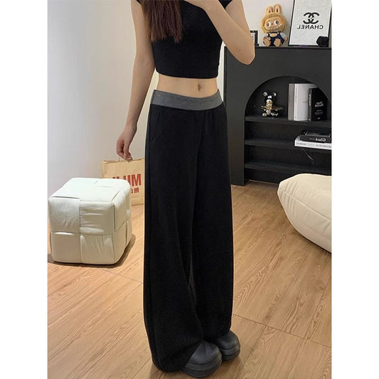 Damen Stoffhose Weites Bein Elastischer Bund Schwarz - Norvielle