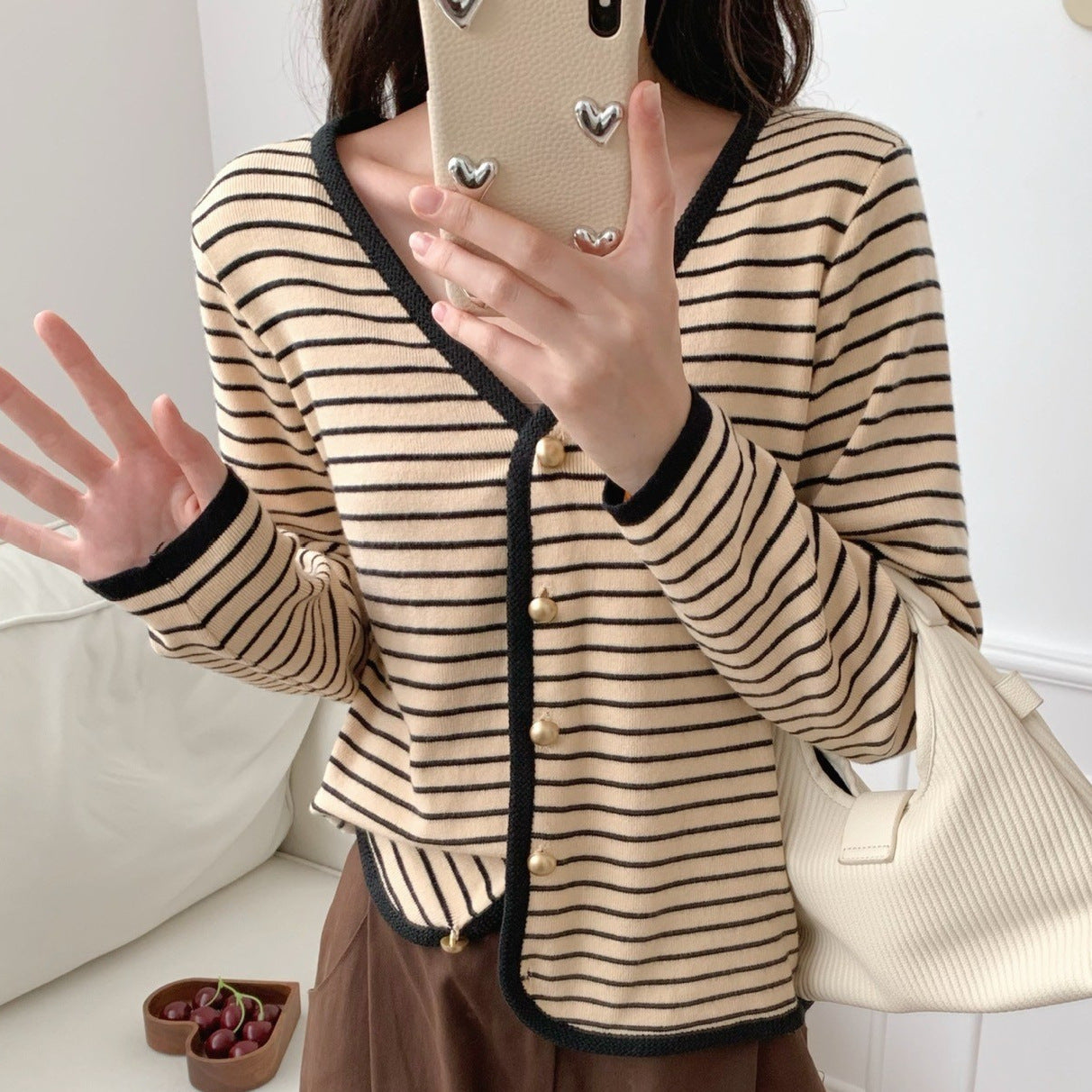 Damen Cardigan Streifen V-Ausschnitt Elegante Knöpfe
