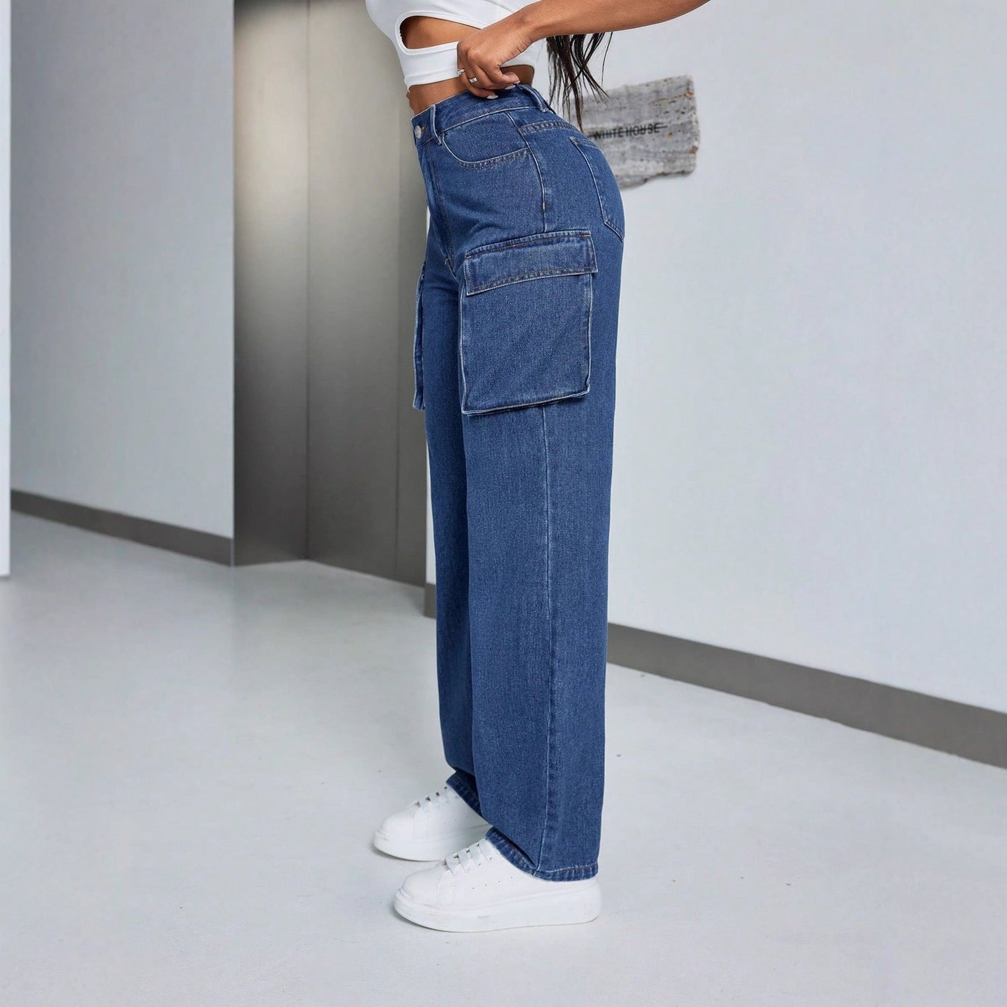 Damen Cargo-Jeans Hochbund Seitentaschen Norvielle