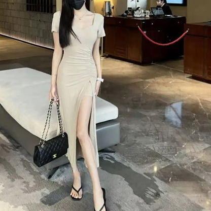 Damen Langkleid Figurbetont Raffungseffekt Hochschlitz