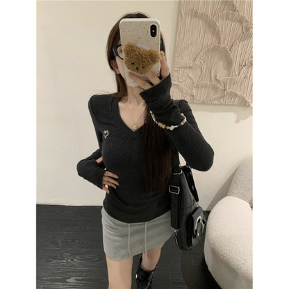 Damen Langarmshirt V-Ausschnitt Rippstruktur Elegant