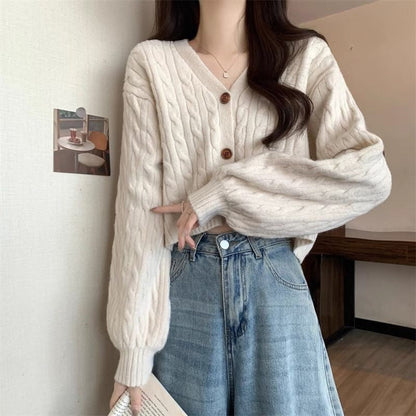 Damen Grobstrick Cardigan Knöpfe V-Ausschnitt Beige