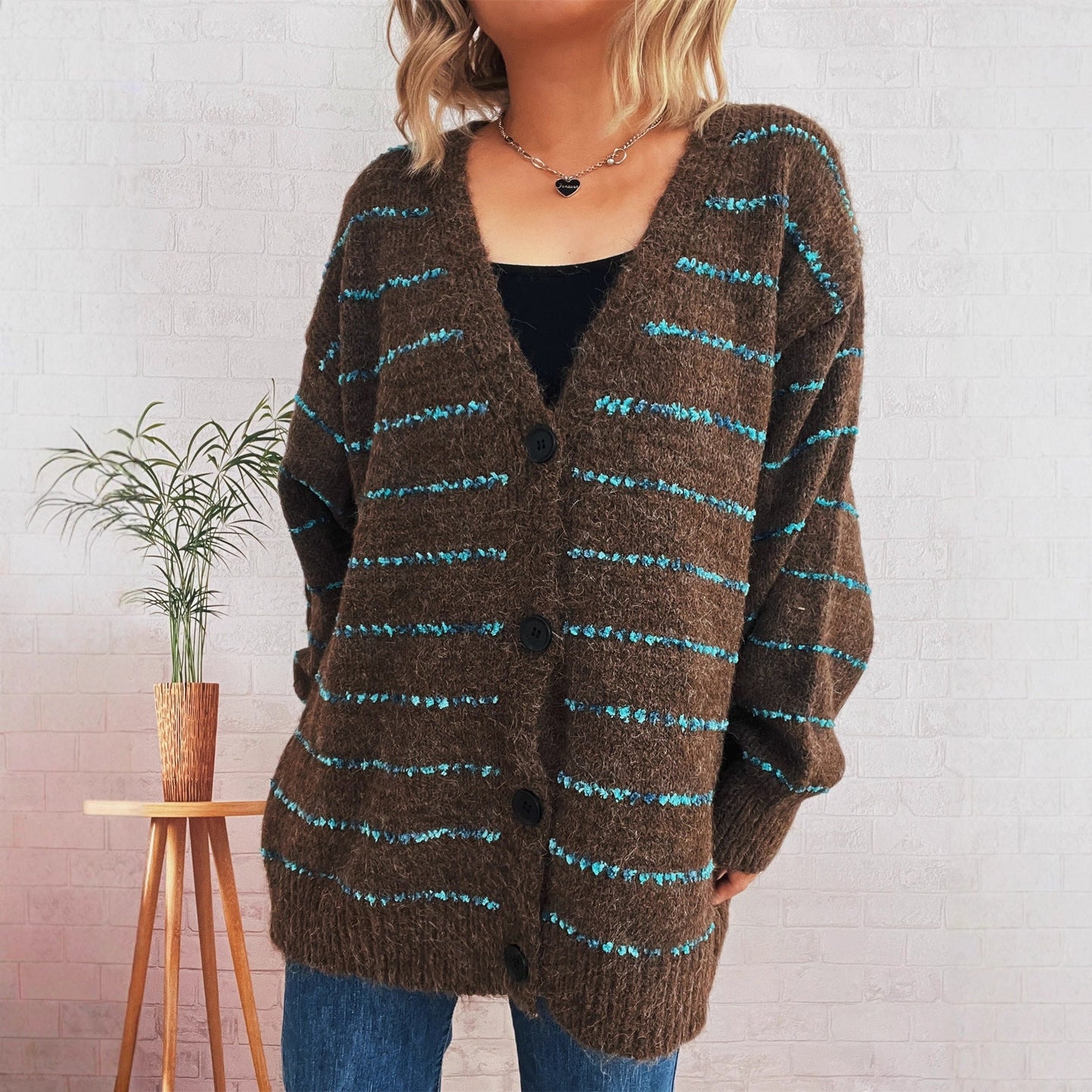 Damen Strickcardigan Streifenmuster Große Knöpfe Beige