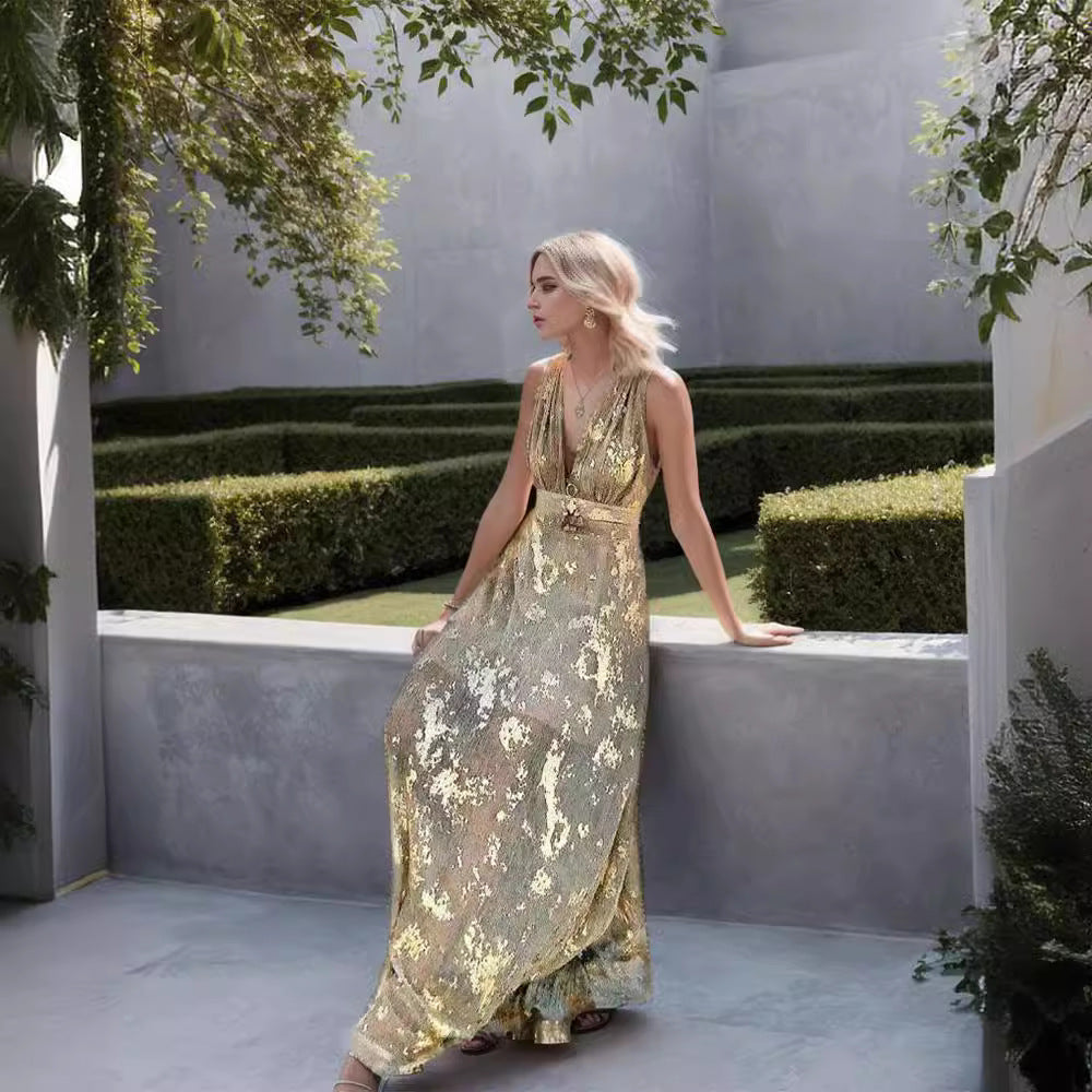 Damen Maxi-Kleid V-Ausschnitt Goldmuster Elegantes Norvielle
