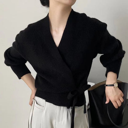 Damen Wickelpullover V-Ausschnitt Taillenzug Norvielle