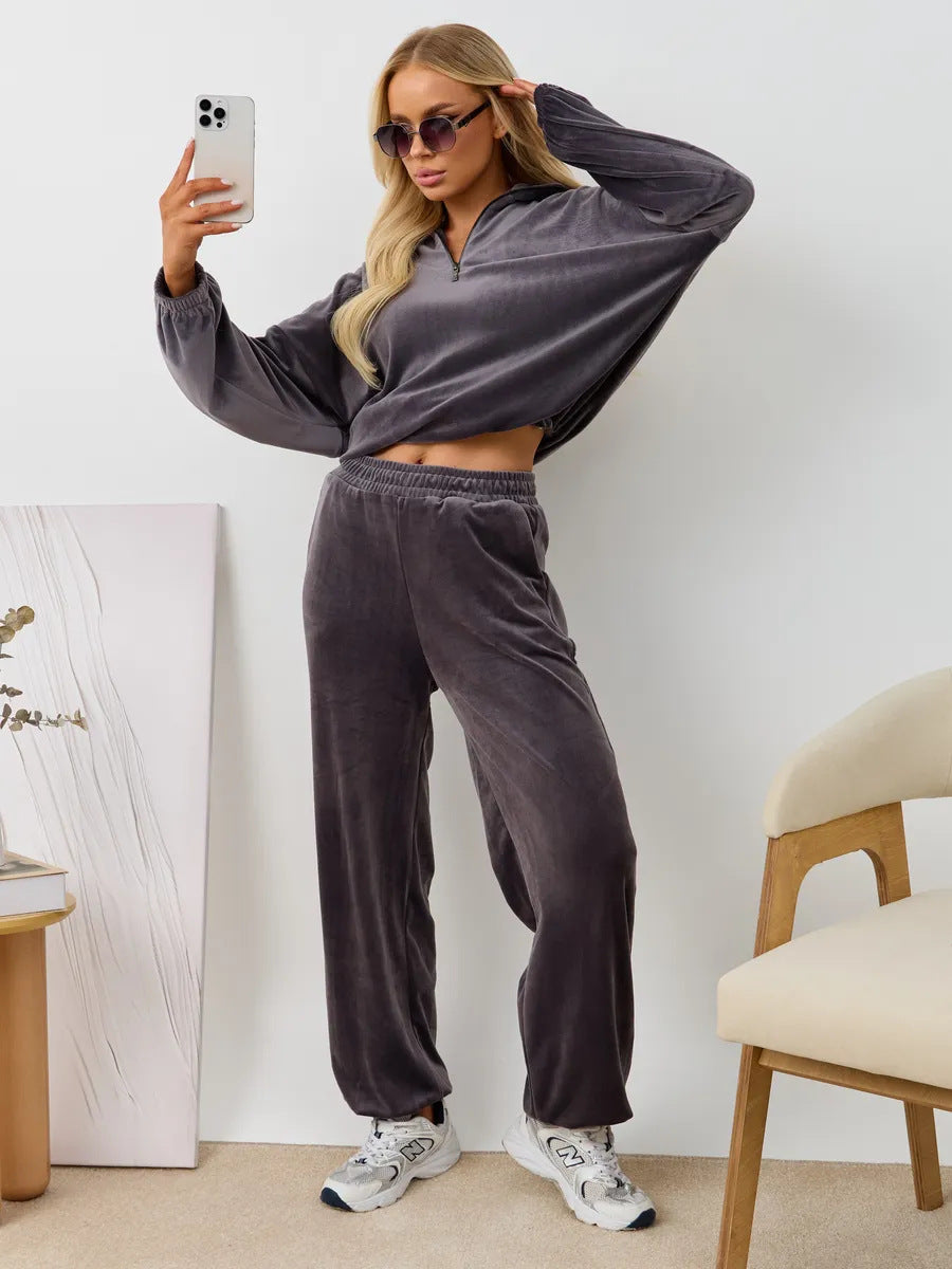 Damen Velours Jogginganzug Hochgeschlossener Kragen Elastisch