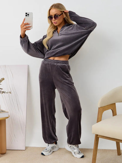 Damen Velours Jogginganzug Hochgeschlossener Kragen Elastisch