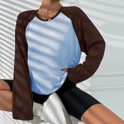 Damen Langarm T-Shirt Raglan-Schnitt Farbblock-Design Norvielle - Norvielle