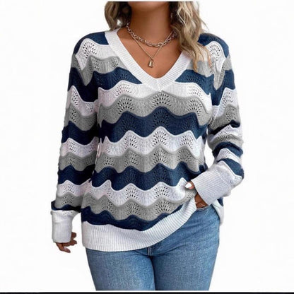 Damen Pullover V-Ausschnitt Wellenmuster Luftig Norvielle