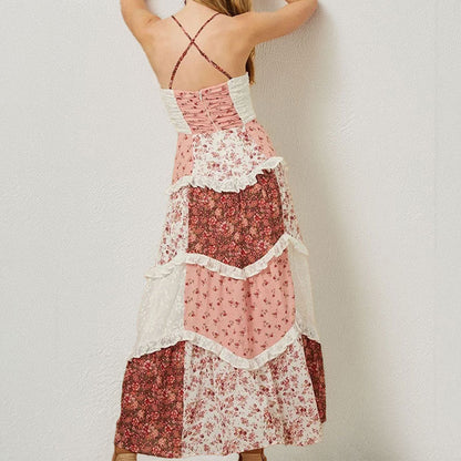 Damen Maxikleid mit Rüschen und Blumen-Patchwork-Design