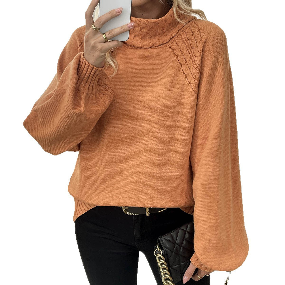 Damen Pullover Rollkragen Strukturiertes Zopfdesign