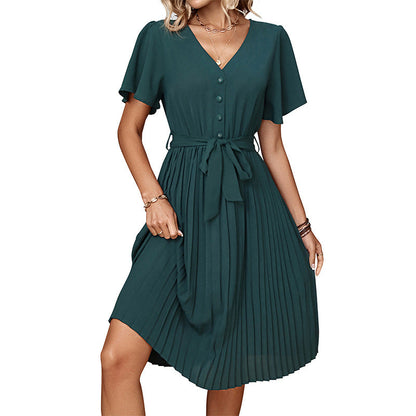 Damen Plissee-Kleid mit Taillengürtel und Knöpfen