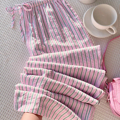 Damen Sommerhose Gestreift Elastischer Bund Beige