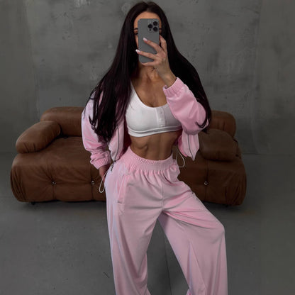 Damen Velours-Loungewear-Anzug Cropped Oberteil Weite Hose Norvielle