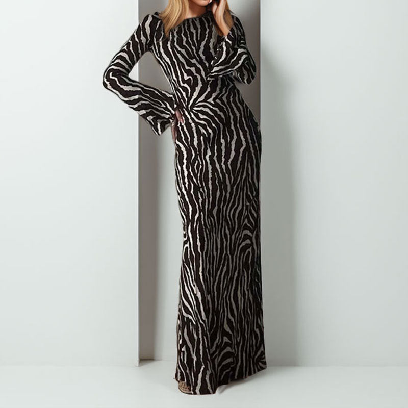 Damen Maxikleid Tiermuster Glanzstoff Lang