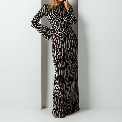 Damen Maxikleid Tiermuster Glanzstoff Lang