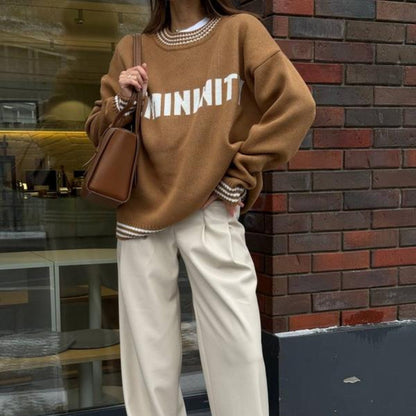Damen Sweatpullover mit Schriftzug und Streifen Bündchen