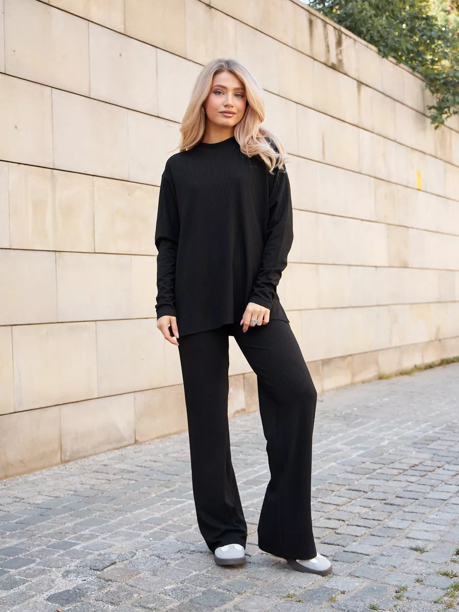 Damen Strick-Loungewear-Set Rippenstruktur Weites Bein Norvielle