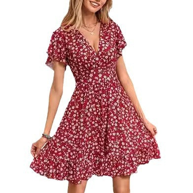 Damen V-Ausschnitt Kleid Fließender Rock Rüschendetails Norvielle