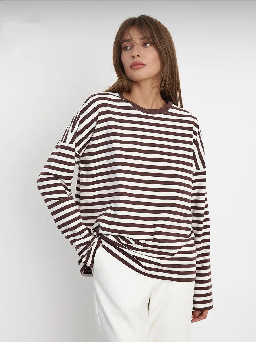 Damen Langarmshirt Gestreift Rundhalsausschnitt Lässig