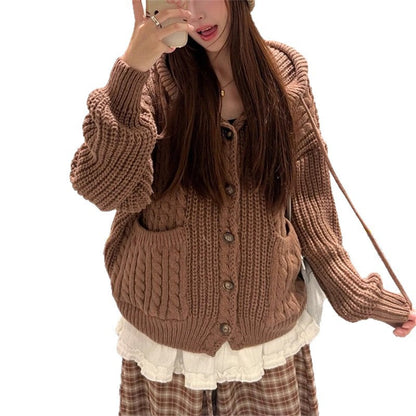 Damen Kuschelstrickjacke Kapuze Große Taschen Norvielle