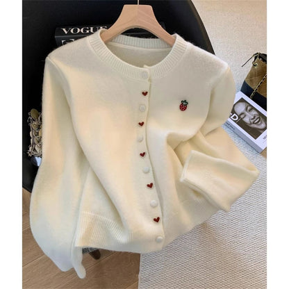 Damen Strickjacke Herz Erdbeeren Applikationen Norvielle