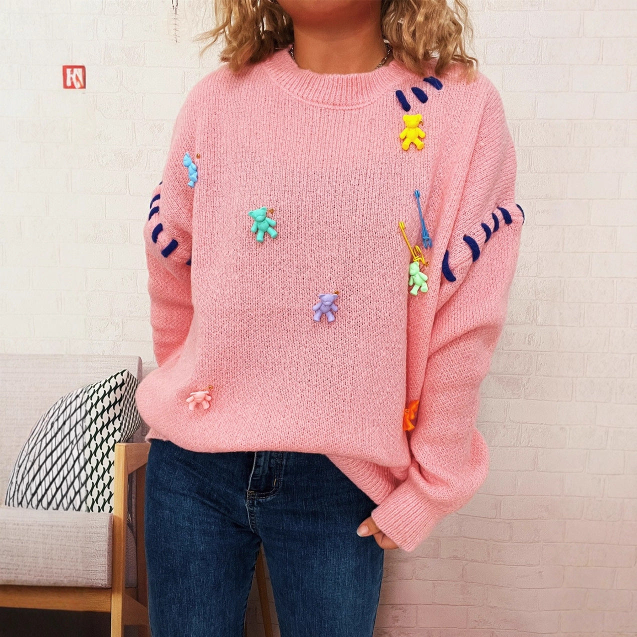 Damen Pullover Bunt Applikationen Weitschnitt