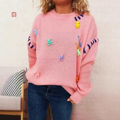 Damen Pullover Bunt Applikationen Weitschnitt