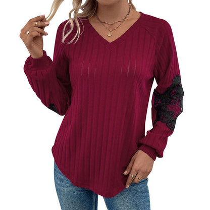 Damen Pullover V-Ausschnitt Spitze Ärmel
