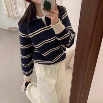 Damen Strickpullover Halbreißverschluss Gestreift Norvielle